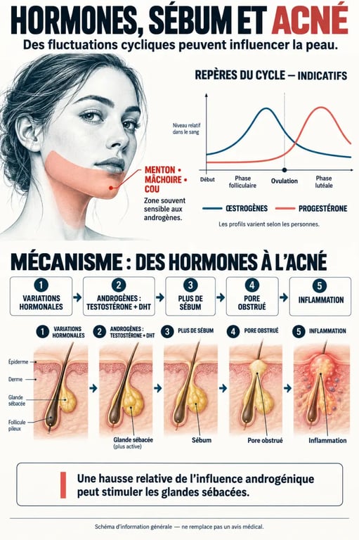 Infographie sur l’acné hormonale et le traitement naturel, reliant cycle menstruel, hormones, sébum et inflammation