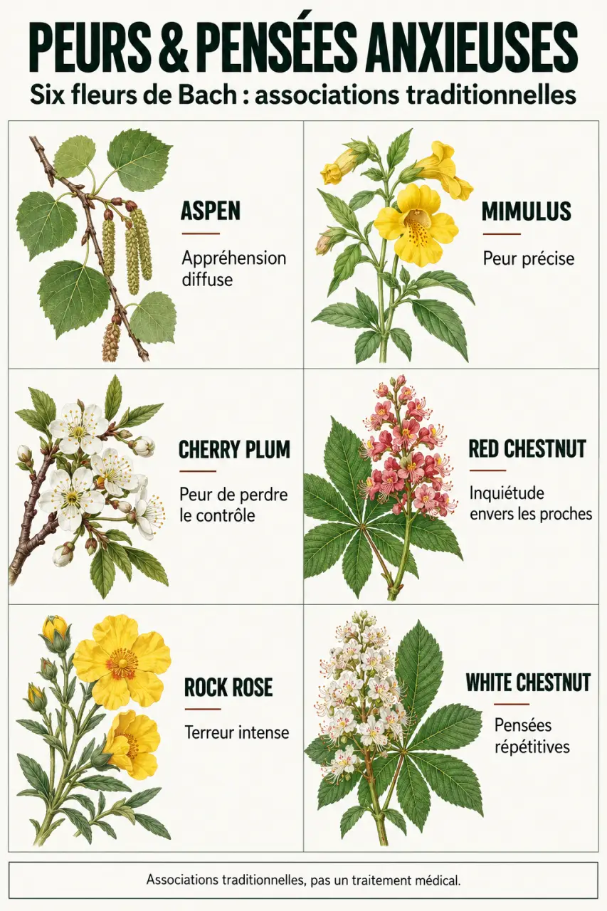 Infographie sur les fleurs de Bach contre l'angoisse et les associations traditionnelles de six fleurs