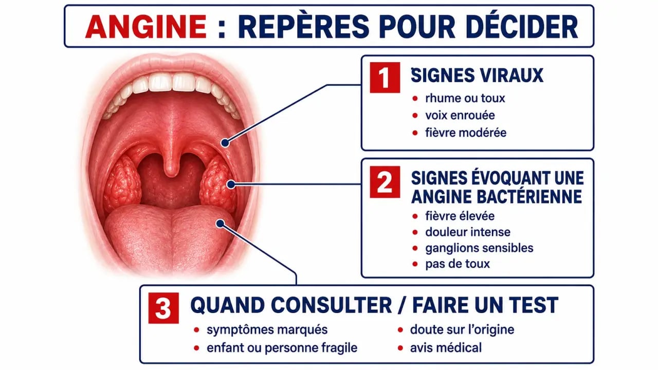 Comment soigner une angine bacterienne sans antibiotique : schéma des signes, du test rapide et des actions à faire
