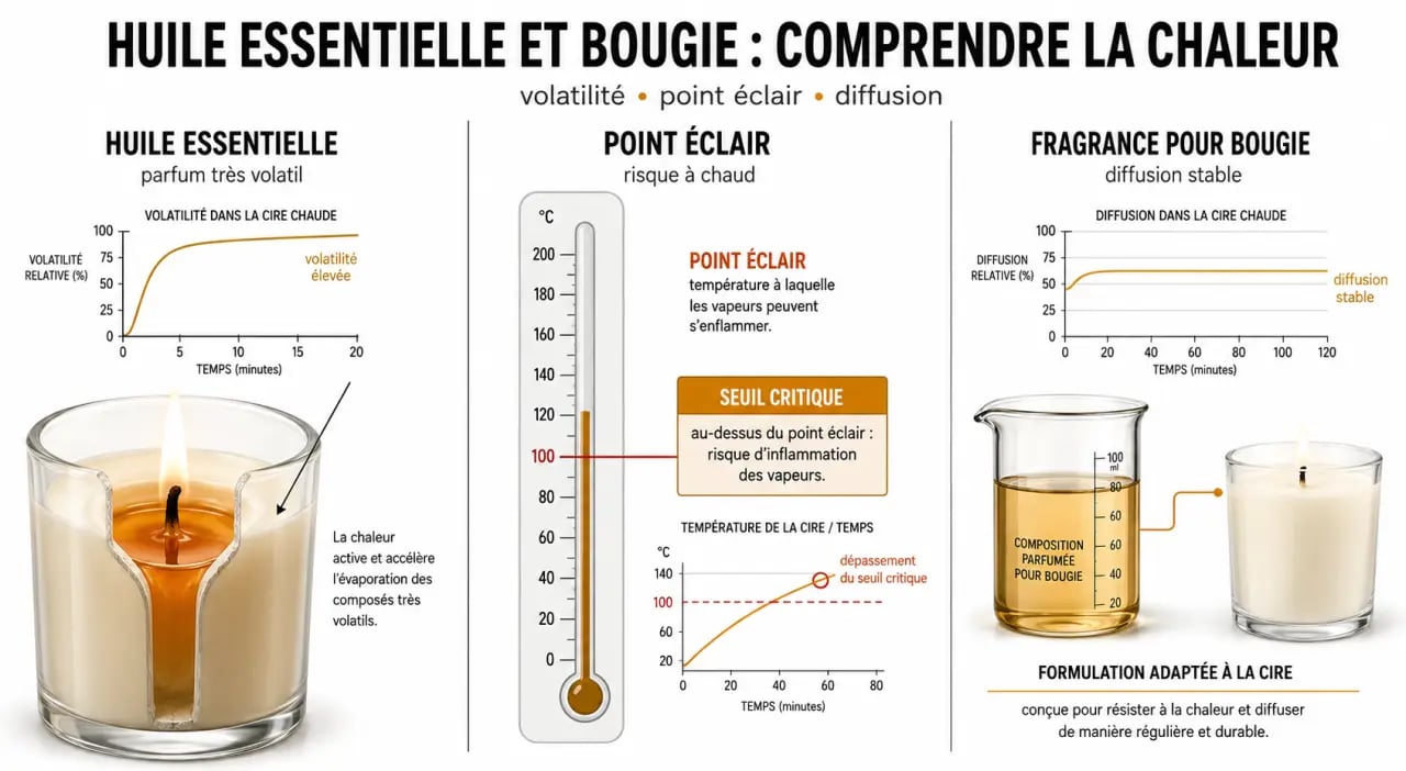 Comparaison huile essentielle et bougie : risques à chaud, tenue olfactive et alternatives adaptées