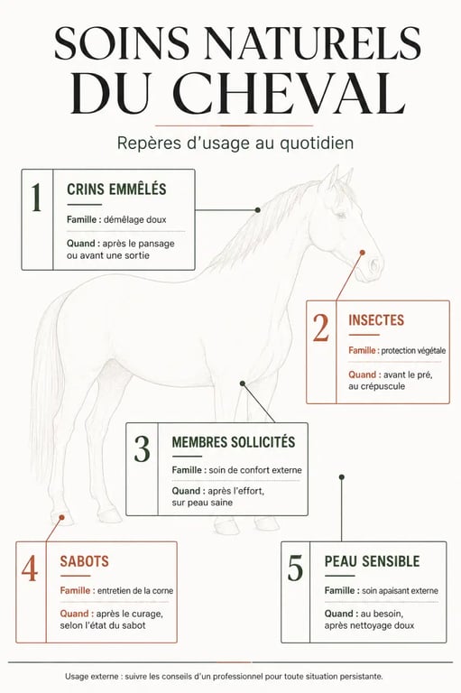 Soins naturels chevaux : besoins, types de produits et moments d’utilisation