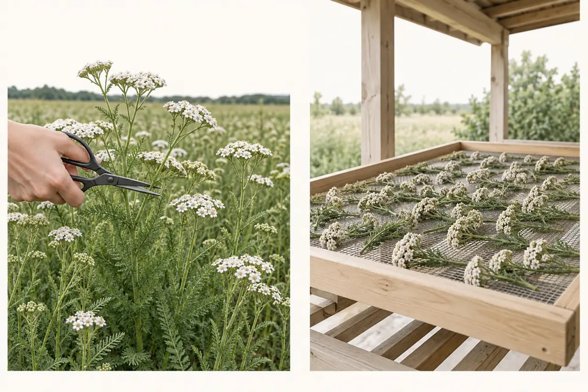 Cueillette et séchage de la plante millefeuille dans une prairie