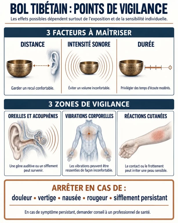 Infographie sur les effets secondaires du bol tibétain et les précautions d’utilisation