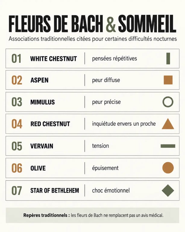 Fleur de Bach sommeil : tableau visuel des fleurs associées aux ruminations, peurs, tensions et épuisement