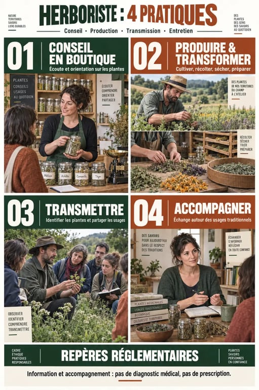 Infographie des quatre profils du métier herboriste et de leurs limites réglementaires