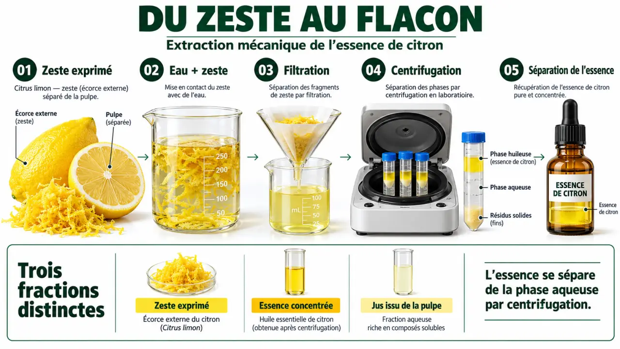 Schéma de fabrication de l’huile essentielle de citron à partir du zeste