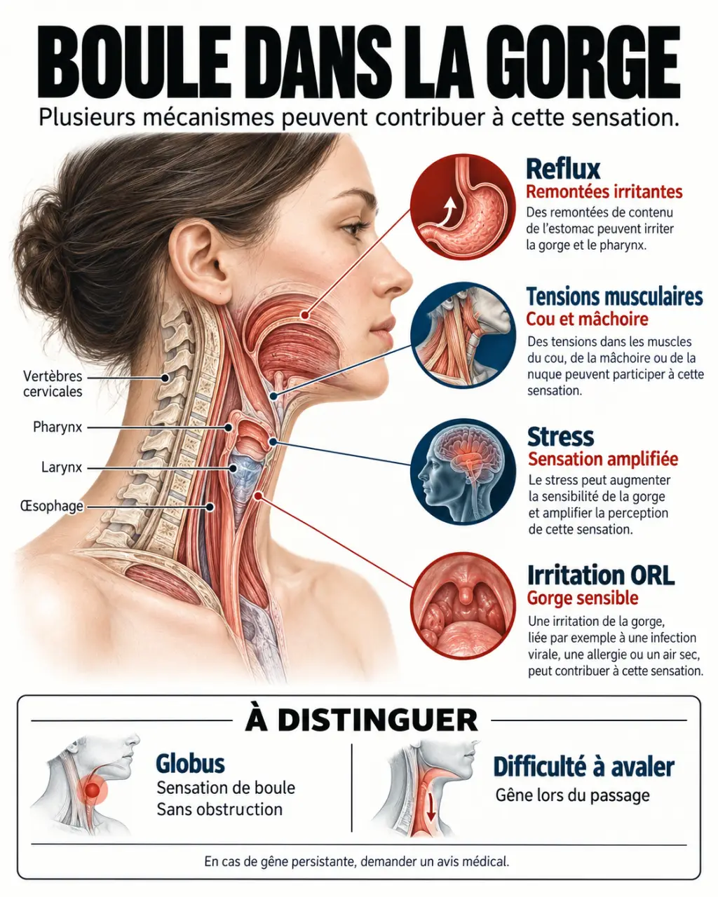 Schéma du globus pharyngé et des causes possibles d’une sensation de boule dans la gorge