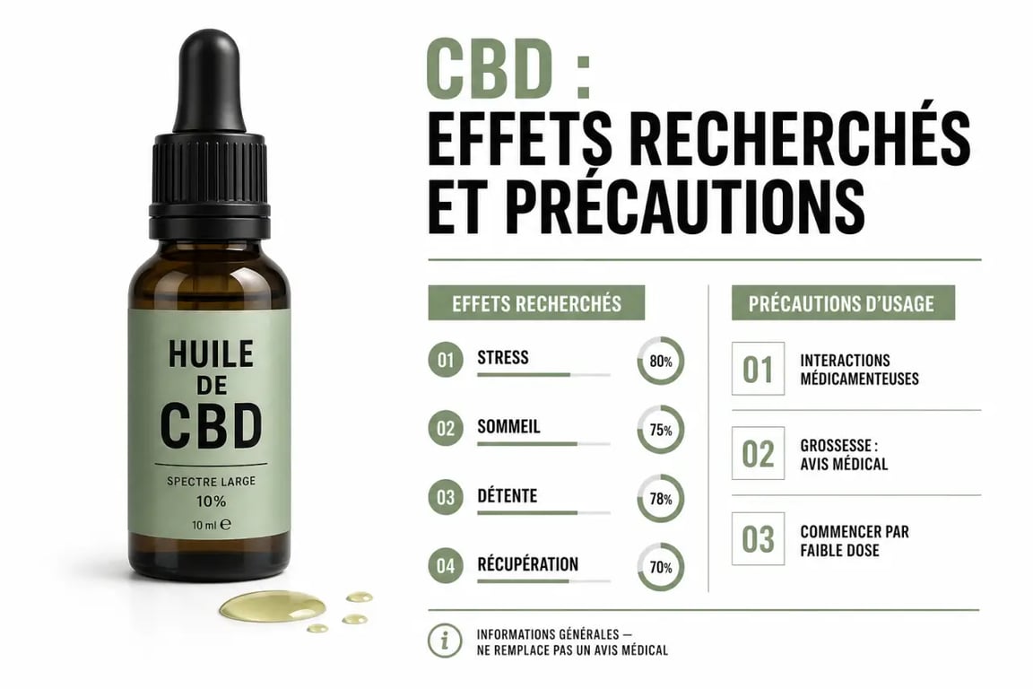 Huile cbd 15 bienfaits : visuel sur les effets recherchés, le dosage progressif et les précautions d’usage