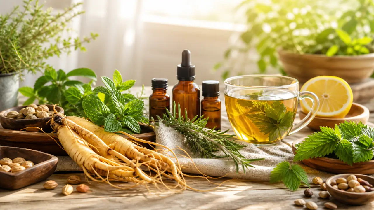 Ambiance lumineuse et apaisante évoquant la vitalité naturelle et les plantes médicinales
