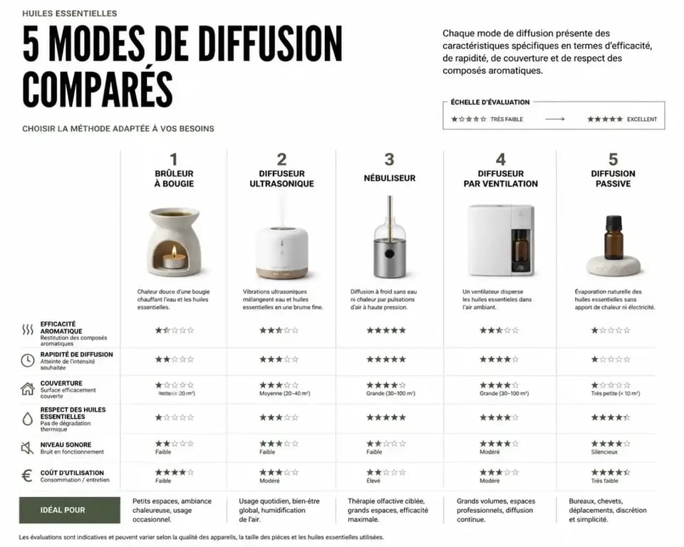 Comparatif brûleur, diffuseur ultrasonique, nébuliseur et diffusion passive d'huiles essentielles