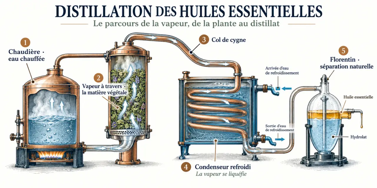 Schéma simplifié de la distillation des huiles essentielles, de la chaudière au florentin