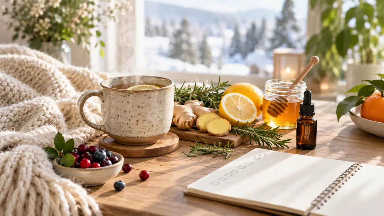 Tisane chaude, plantes et carnet dans une ambiance douce et lumineuse