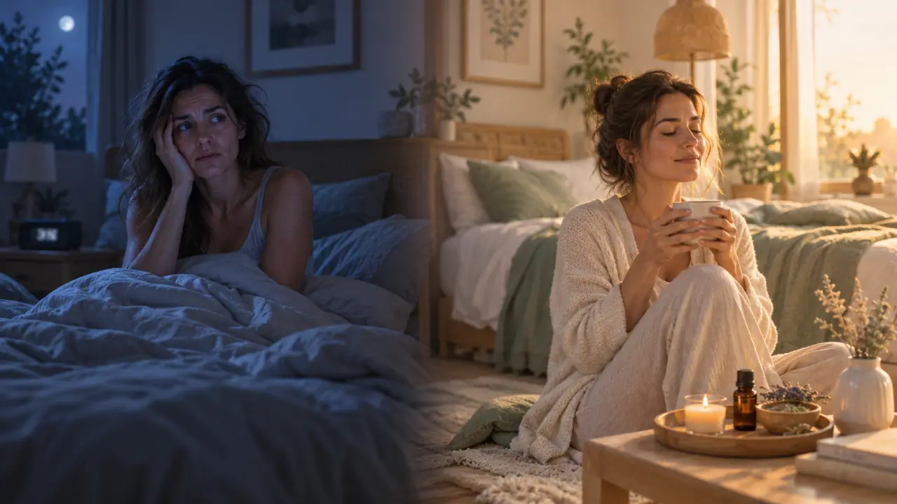Femme sereine dans une chambre lumineuse au moment d'un rituel du soir