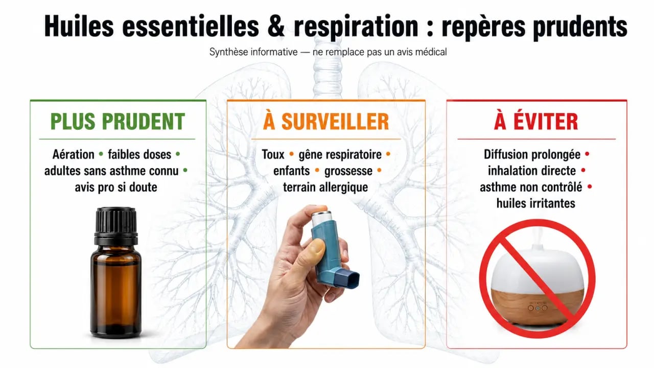 Huiles essentielles asthme : synthèse visuelle des huiles à éviter, à surveiller et des précautions d’usage