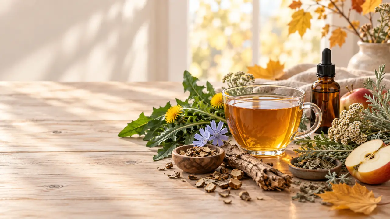 Plantes amères, tisane et feuilles d'automne dans une ambiance chaleureuse