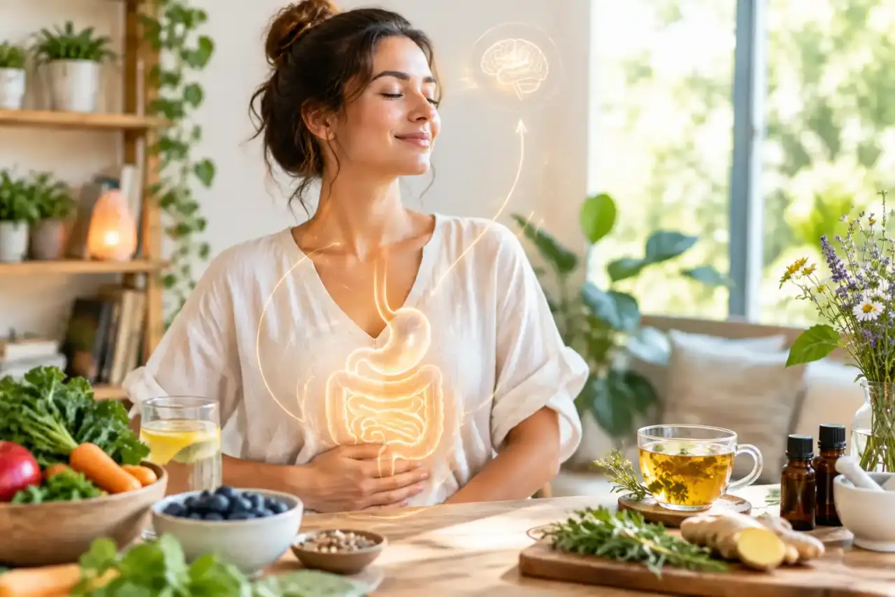 Femme sereine dans un intérieur lumineux, entourée de plantes et d'éléments naturels