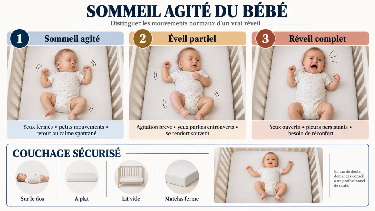 Infographie sur le sommeil agité bébé et les signes distinguant sommeil, éveil partiel et réveil complet
