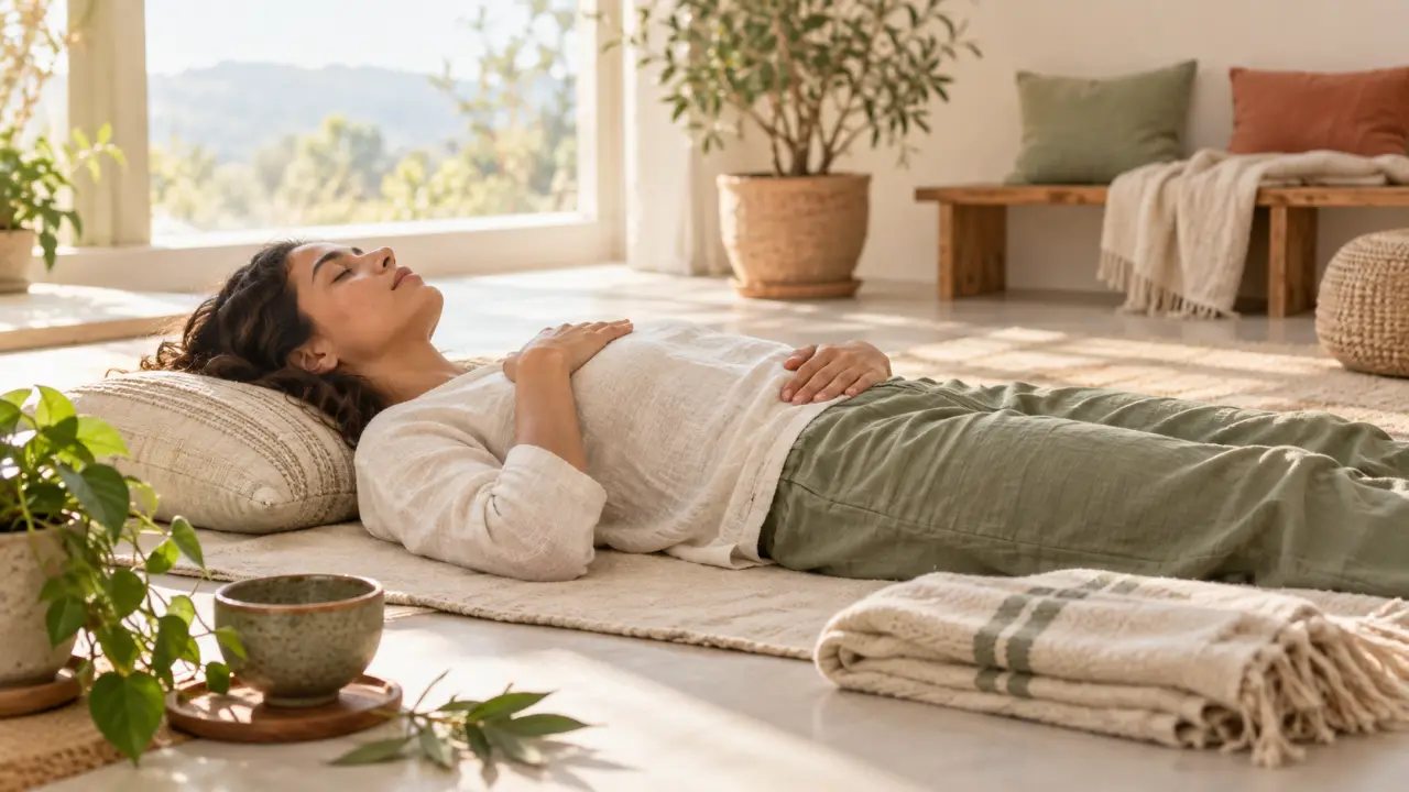 Femme pratiquant une respiration consciente dans un espace lumineux et naturel