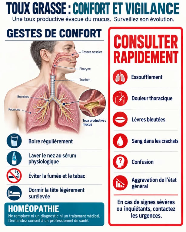 Infographie sur la toux grasse homéopathie, les gestes utiles et les signes d'alerte