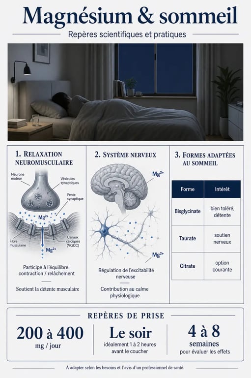 Infographie magnésium sommeil sur le rôle, les formes et le dosage