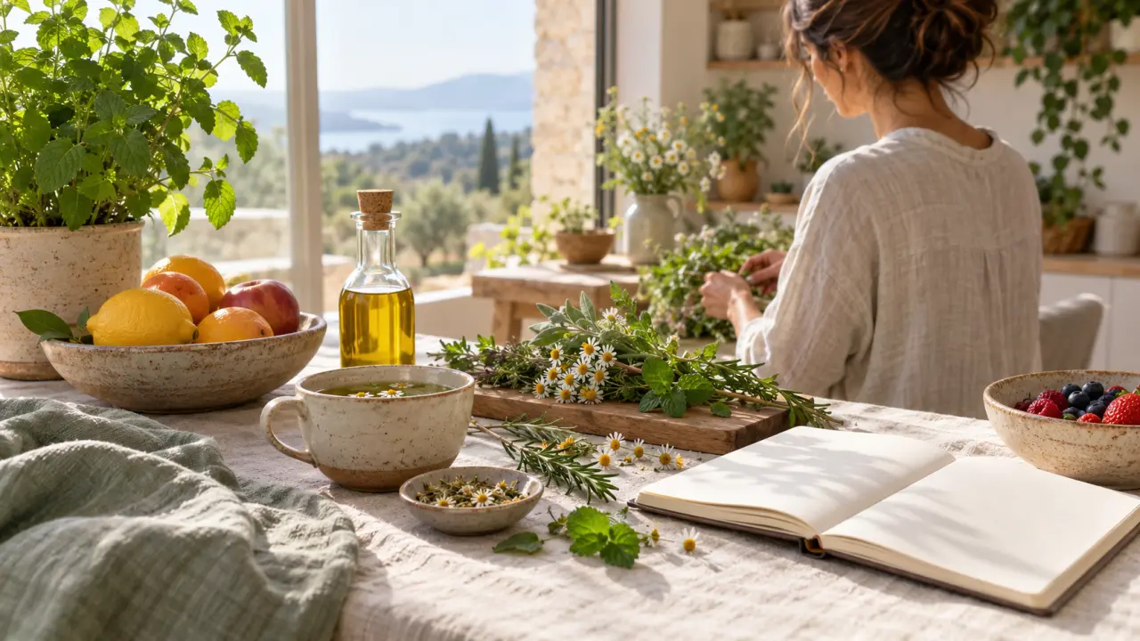 Femme sereine dans un intérieur lumineux entouré de plantes, symbole d'une routine de naturopathie