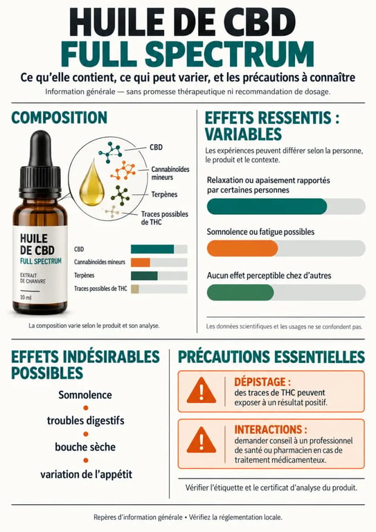 Infographie sur les effets d’une huile de CBD full spectrum, sa composition et ses précautions