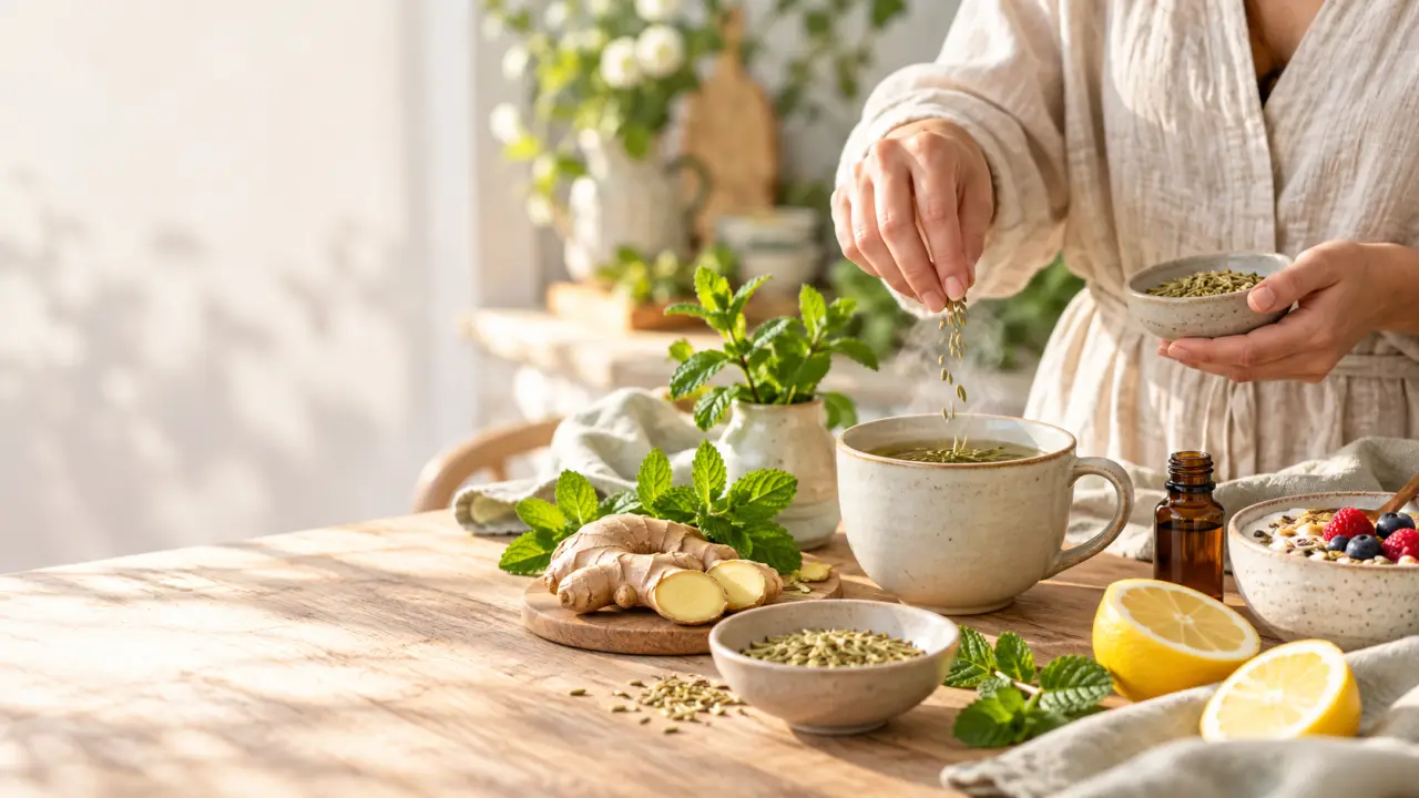 Tisane et aliments naturels préparés pour une routine digestive douce