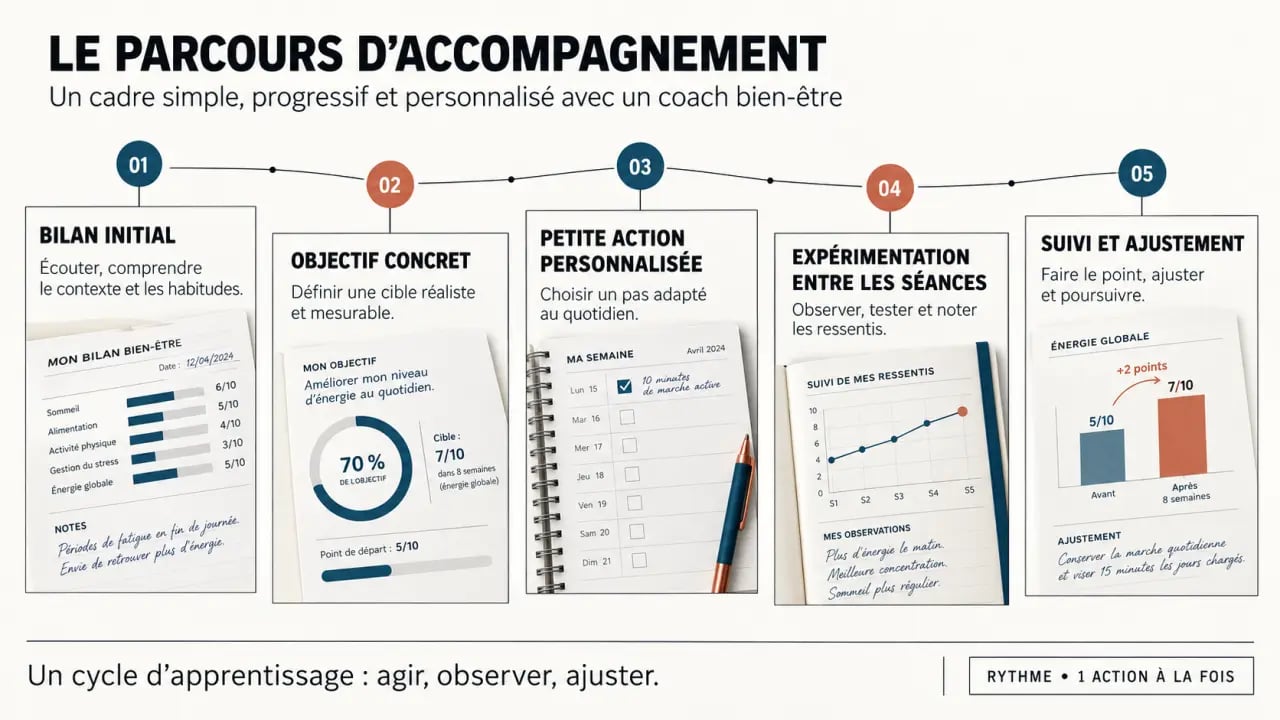 Déroulement d'un accompagnement avec un coach bien-être, du bilan au suivi