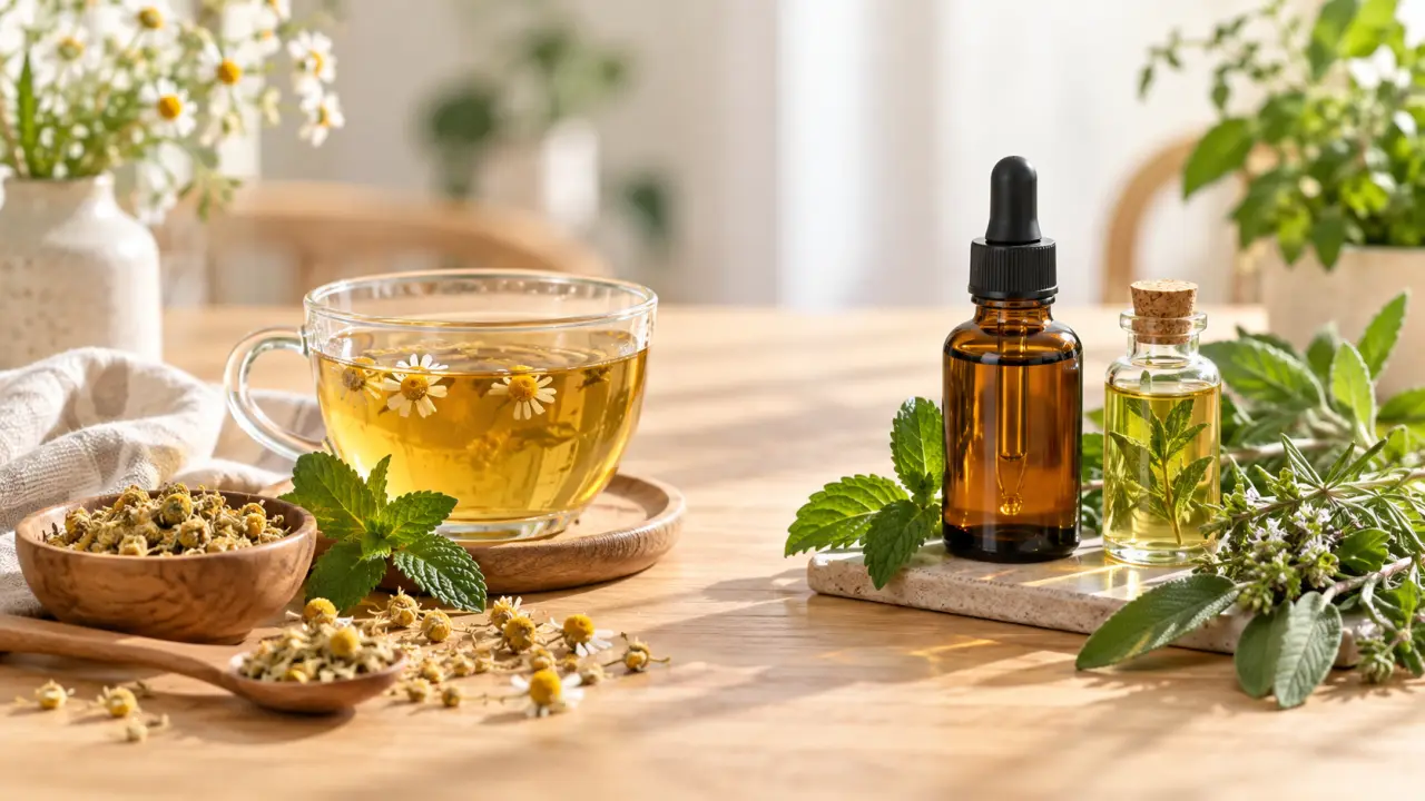Tisane aux plantes et flacons d'extraits végétaux sur une table en bois