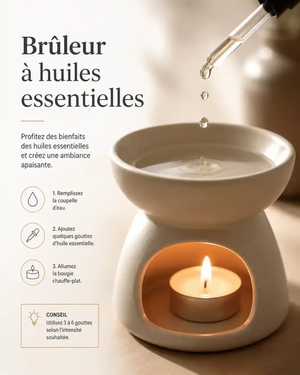 Brûleur huiles essentielles avec coupelle en céramique, eau et bougie chauffe-plat allumée