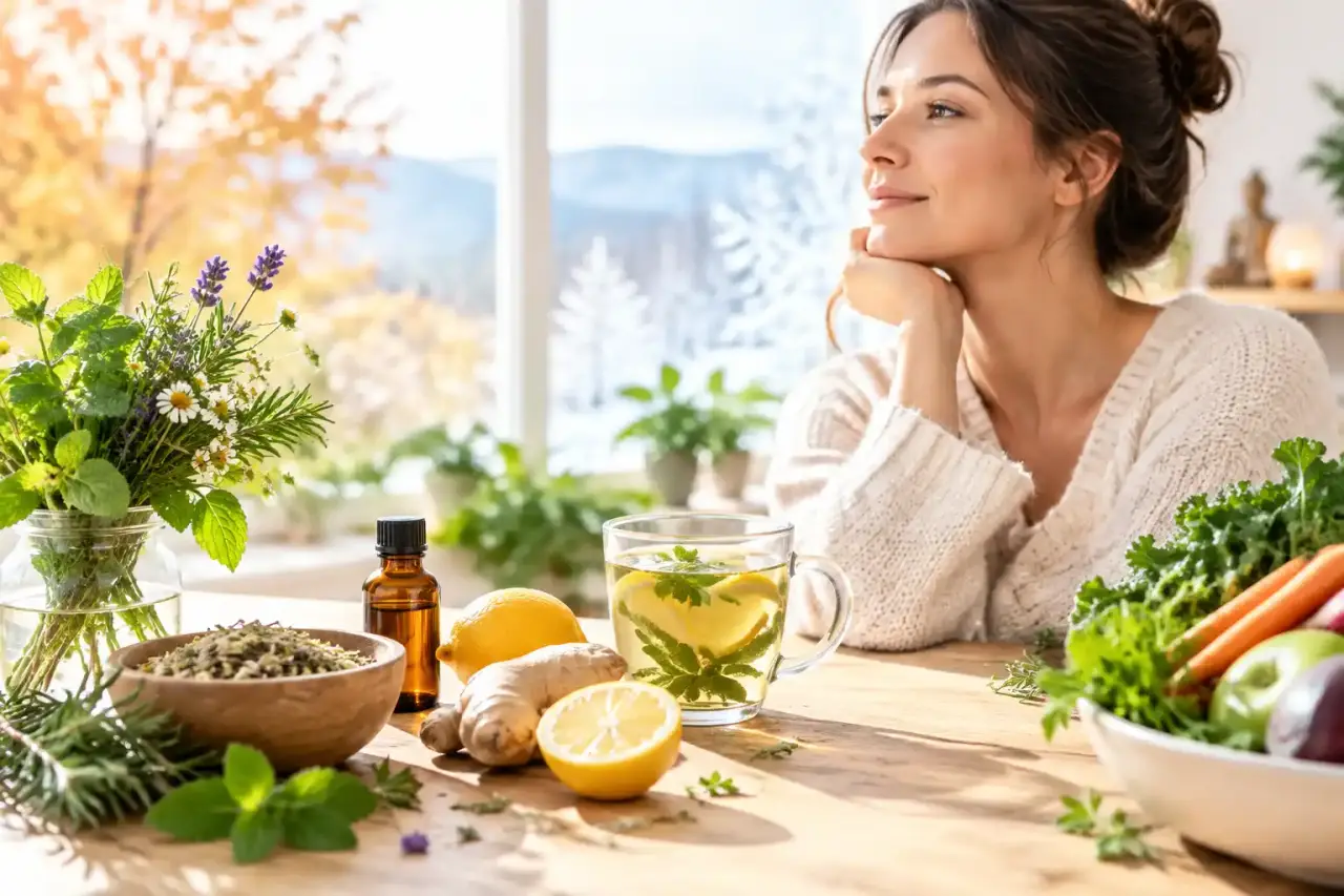 Plantes médicinales, tisane fumante et lumière naturelle pour une détox de saison réussie