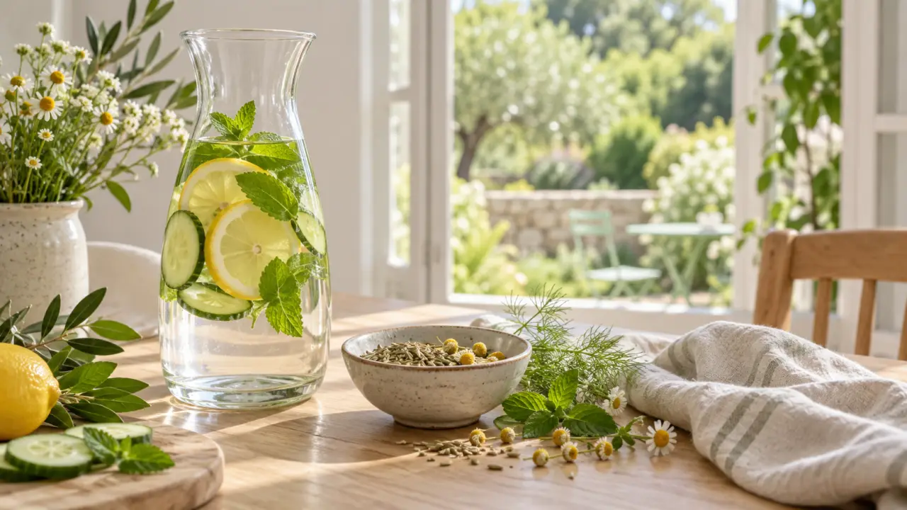 Femme sereine dans un intérieur lumineux entouré de plantes, symbole d'une routine printanière douce