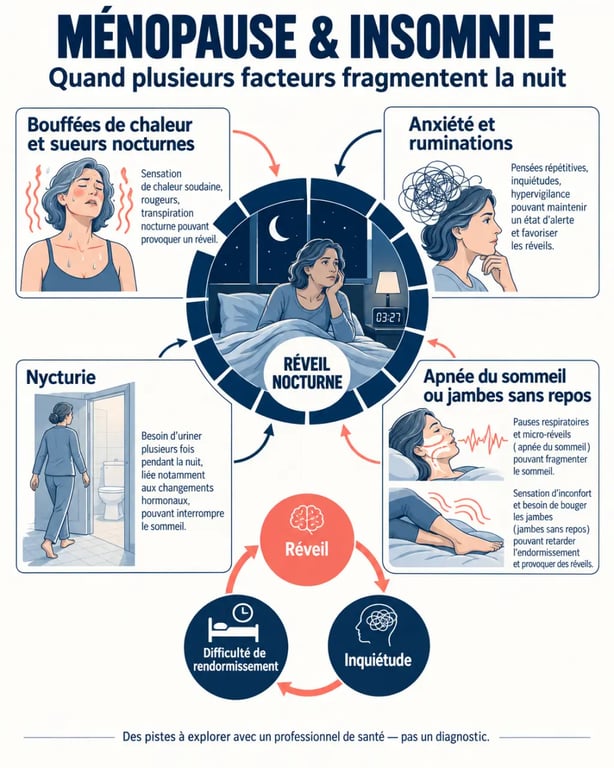 Infographie expliquant le lien entre ménopause et insomnie, bouffées de chaleur et réveils nocturnes