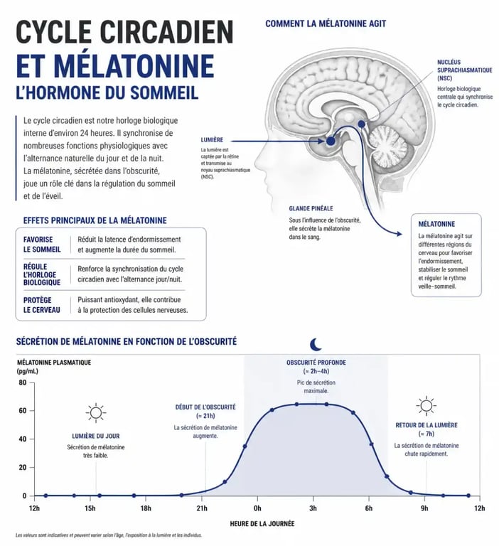 Infographie expliquant l'action des gummies sommeil et de la mélatonine sur l'horloge interne