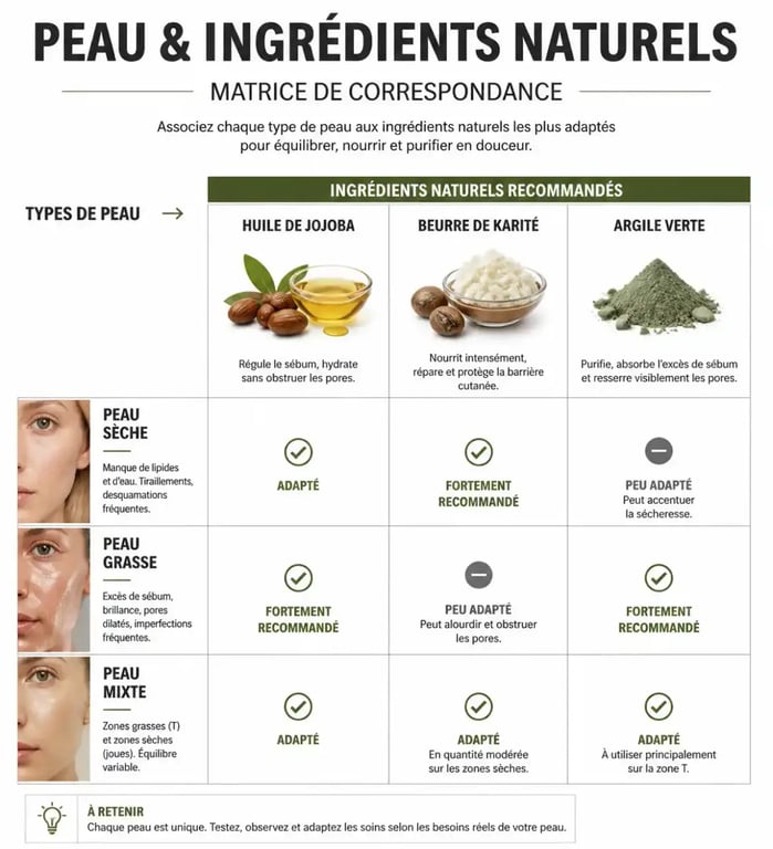 Infographie des soins pour visage naturel adaptés selon le type de peau