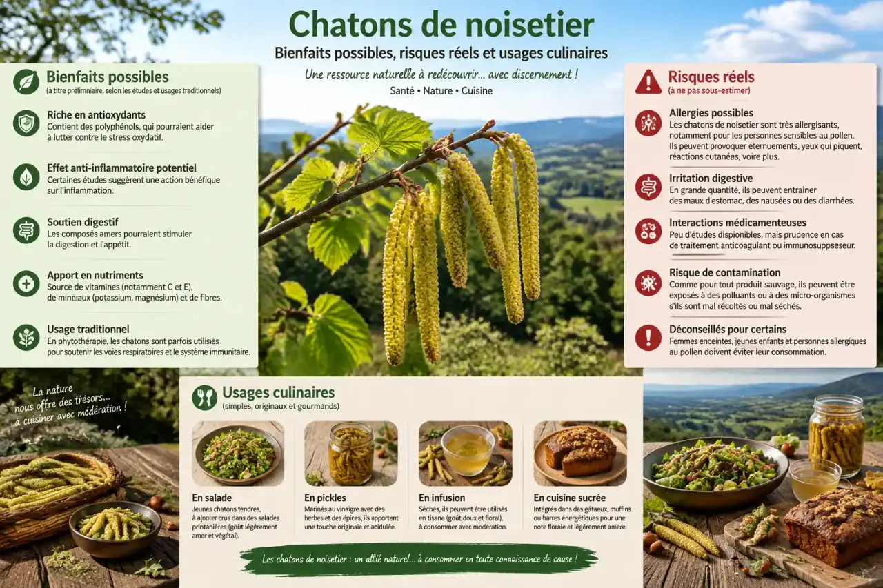 Chatons de noisetier : bienfaits possibles, risques réels et usages culinaires