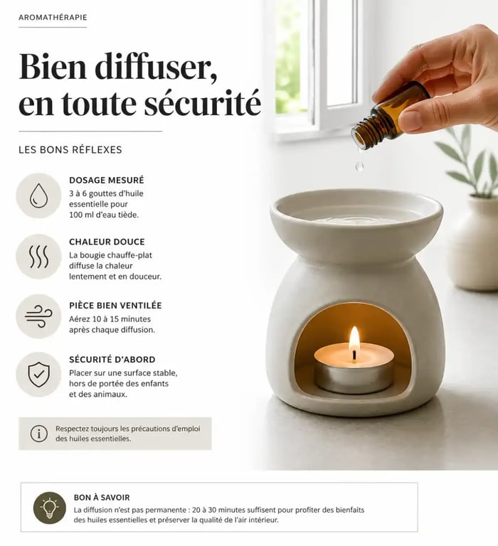 Huiles essentielles à bruler dans un brûle-parfum avec eau tiède et dosage mesuré