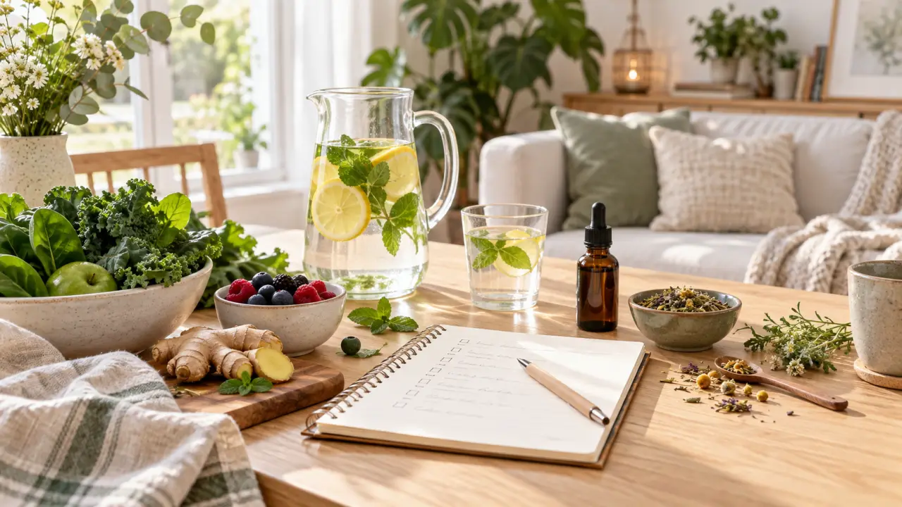 Préparation douce d'une cure détox avec plantes, tisane et aliments frais