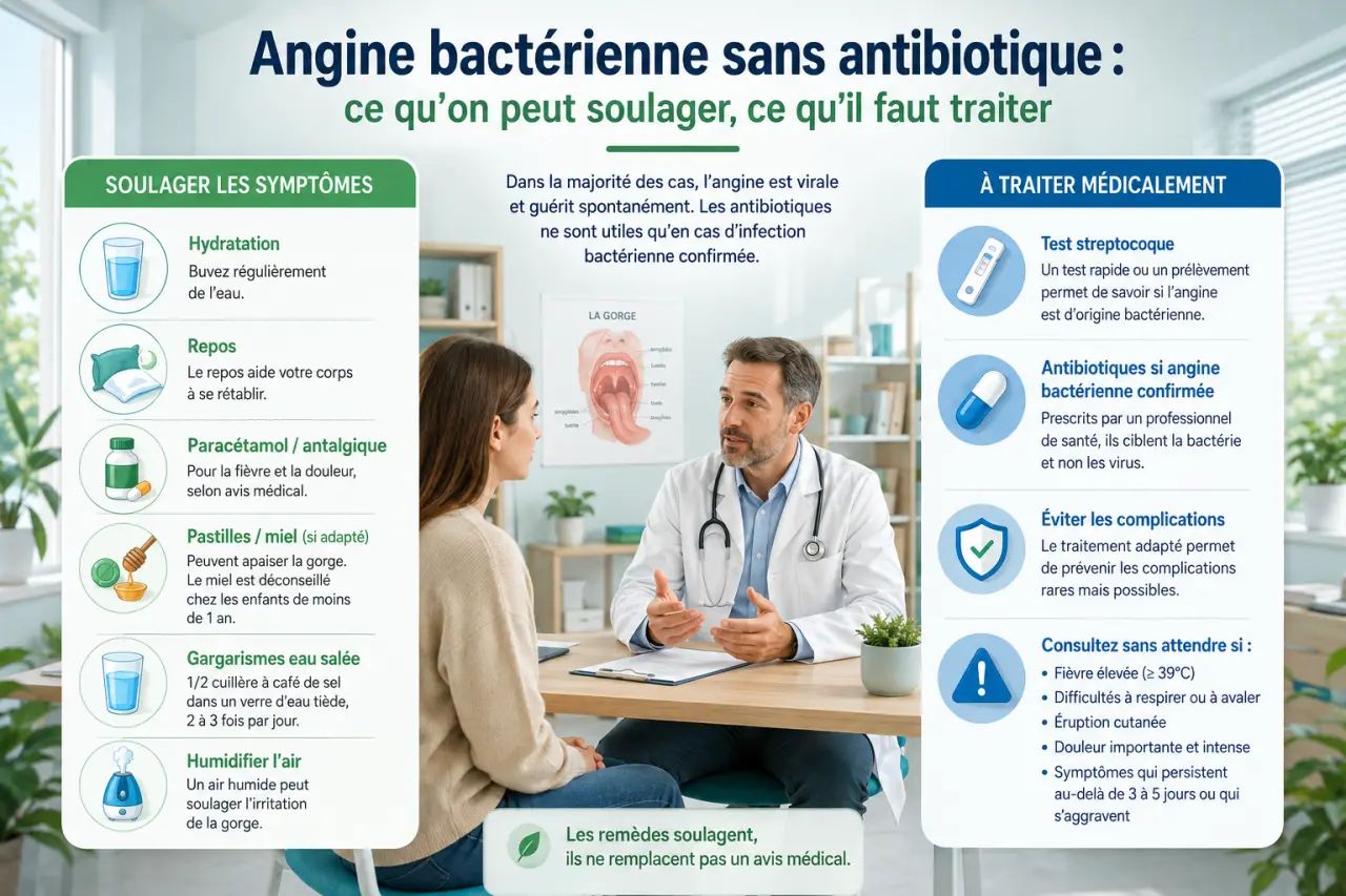 Angine bactérienne sans antibiotique : ce qu’on peut soulager, ce qu’il faut traiter