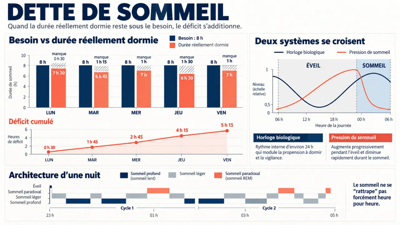 Infographie sur la dette de sommeil, le déficit cumulé et les mécanismes du sommeil